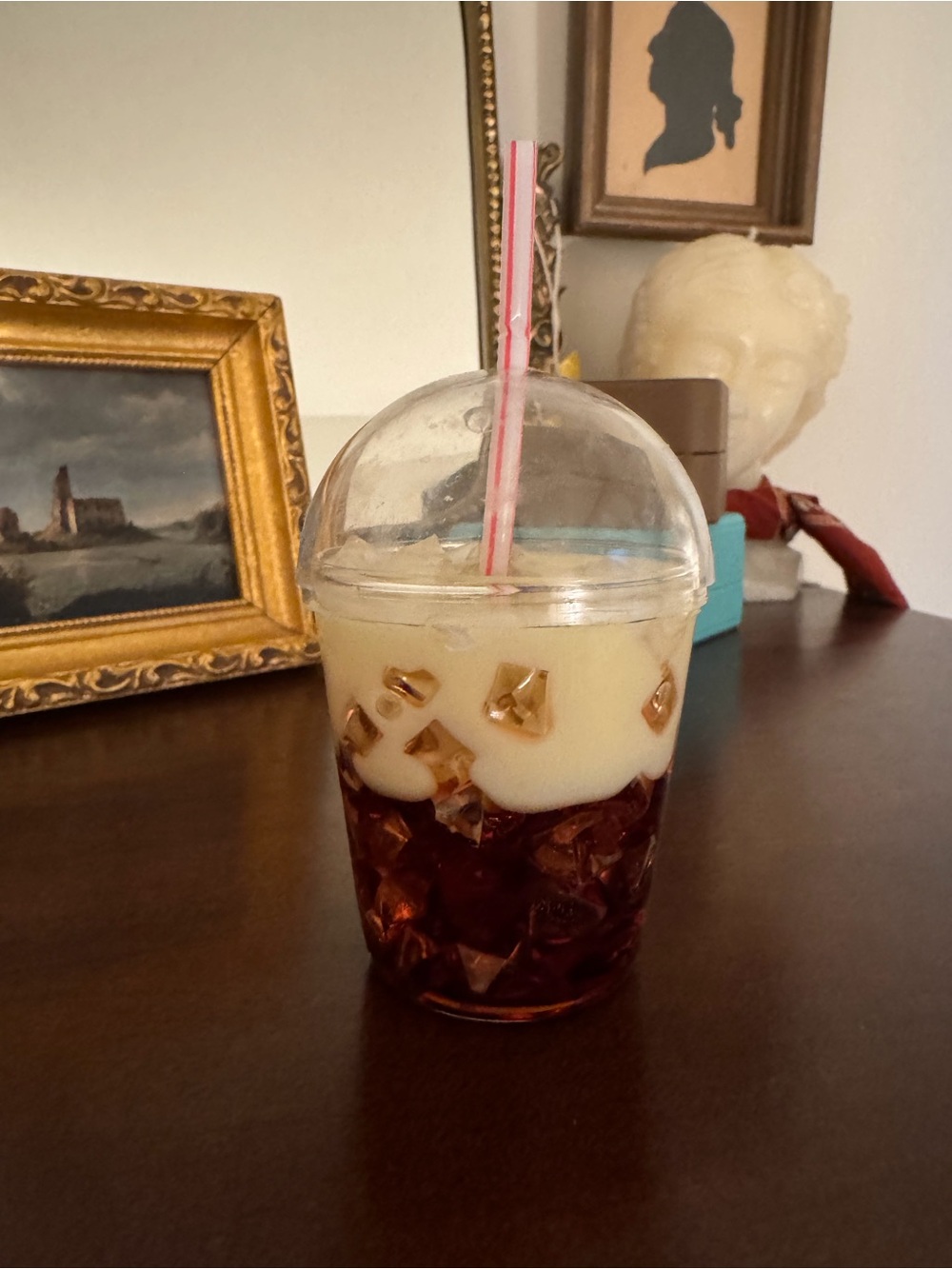 Iced Coffee Cup Trinket with Dome Lid and Straw - Clear with Pink Stripe